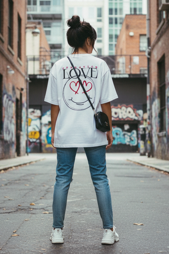 Eine Person steht in einer von Graffiti gesäumten Gasse und schaut weg. Sie trägt das State Your Mind Oversize Shirt Operation Love White, Jeans, weiße Turnschuhe und eine kleine schwarze Umhängetasche.