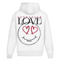 Der Oversize Hoodie Operation Love White von State Your Mind ist ein verspieltes Streetwear-Teil mit Smiley-Gesicht und Herzen sowie einem auffälligen Rückenprint.