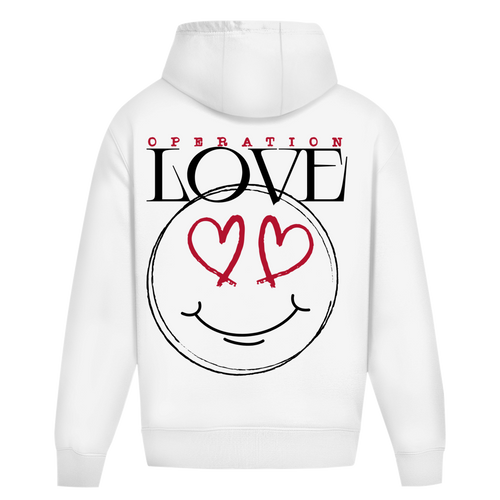 Der Oversize Hoodie Operation Love White von State Your Mind ist ein verspieltes Streetwear-Teil mit Smiley-Gesicht und Herzen sowie einem auffälligen Rückenprint.