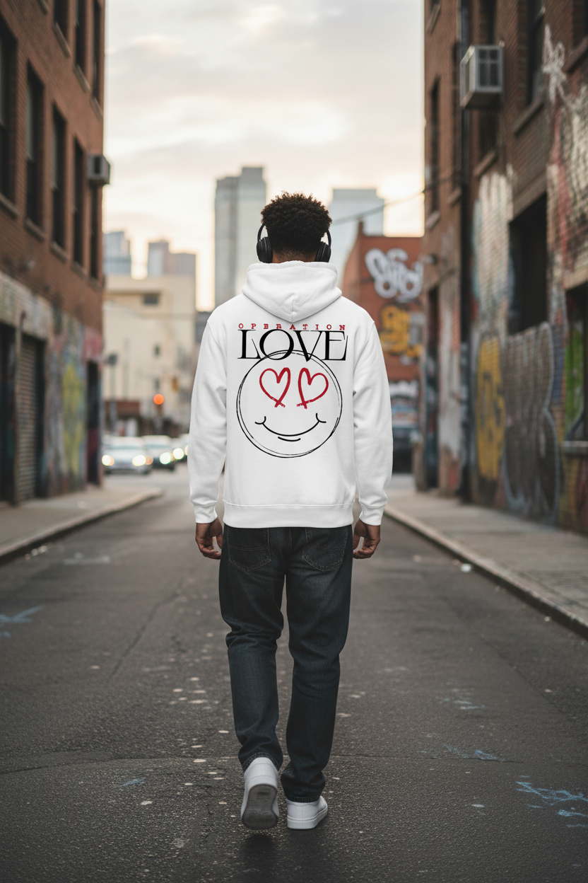 Eine Person in Streetwear, die den State Your Mind Oversize Hoodie Operation Love White mit einem auffälligen Smiley-Gesicht und "LOVE"-Rückenprint trägt, schlendert bei Sonnenuntergang durch eine mit Graffiti beschmierte Stadtstraße.