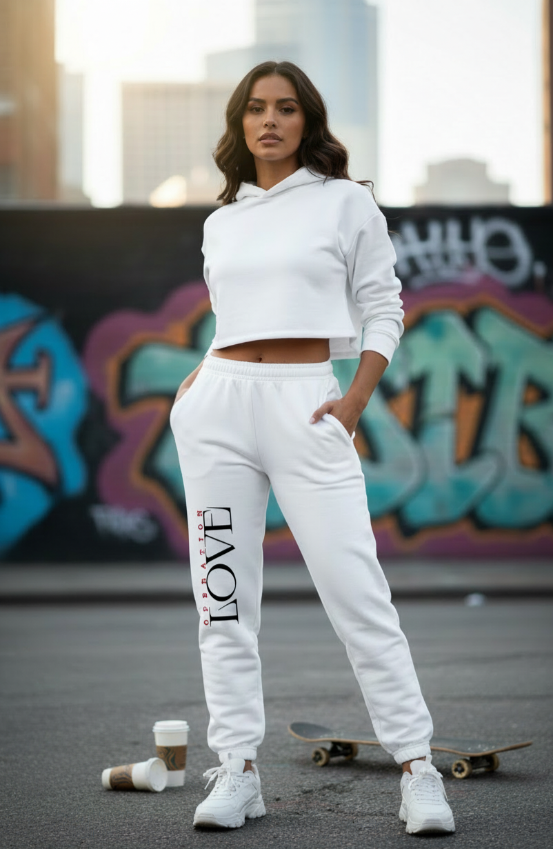 Eine Frau in der Oversize-Sweatpants Operation Love White von State Your Mind steht selbstbewusst im Freien, mit Skateboard und Kaffeebecher in der Hand, und vervollständigt mit einem bunten Graffiti einen gewagten Streetwear-Look.