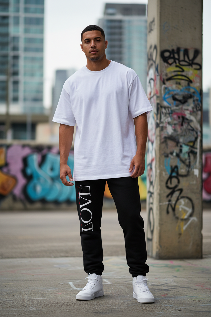 Ein Mann steht im Freien vor einer mit Graffiti beschmierten Säule. Er trägt ein schlichtes weißes T-Shirt, eine State Your Mind Oversize-Sweatpants Operation Love Black mit LOVE auf einem Bein und weiße Turnschuhe - echte Streetwear-Vibes mit städtischen Gebäuden im Hintergrund.