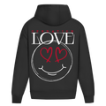 Der State Your Mind Oversize Hoodie Operation Love Black zeigt einen auffälligen Rückenprint mit "OPERATION LOVE" und einem handgezeichneten Smiley-Gesicht mit Herzaugen in auffälligem Weiß und Rot - ein auffälliges Stück für Streetwear-Fans.