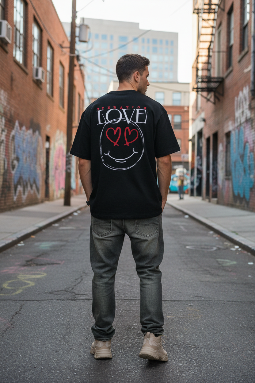A man stands in a graffiti-lined alley, wearing jeans, sneakers, and the Oversize Shirt Operation Love Black featuring a Rückenprint: a smiley face with heart eyes and "LOVE" on the back.