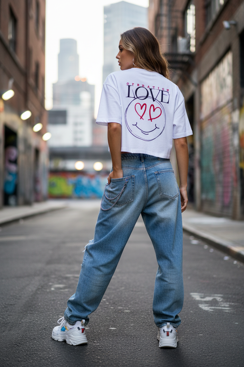 Eine Frau in lockeren Bluejeans, weißen Sneakern und dem State Your Mind Oversize Crop Top Operation Love White mit auffälligem LOVE"-Rückenprint und Smiley-Grafik steht in einer urbanen Gasse und fängt den perfekten Streetwear Damen-Vibe ein.