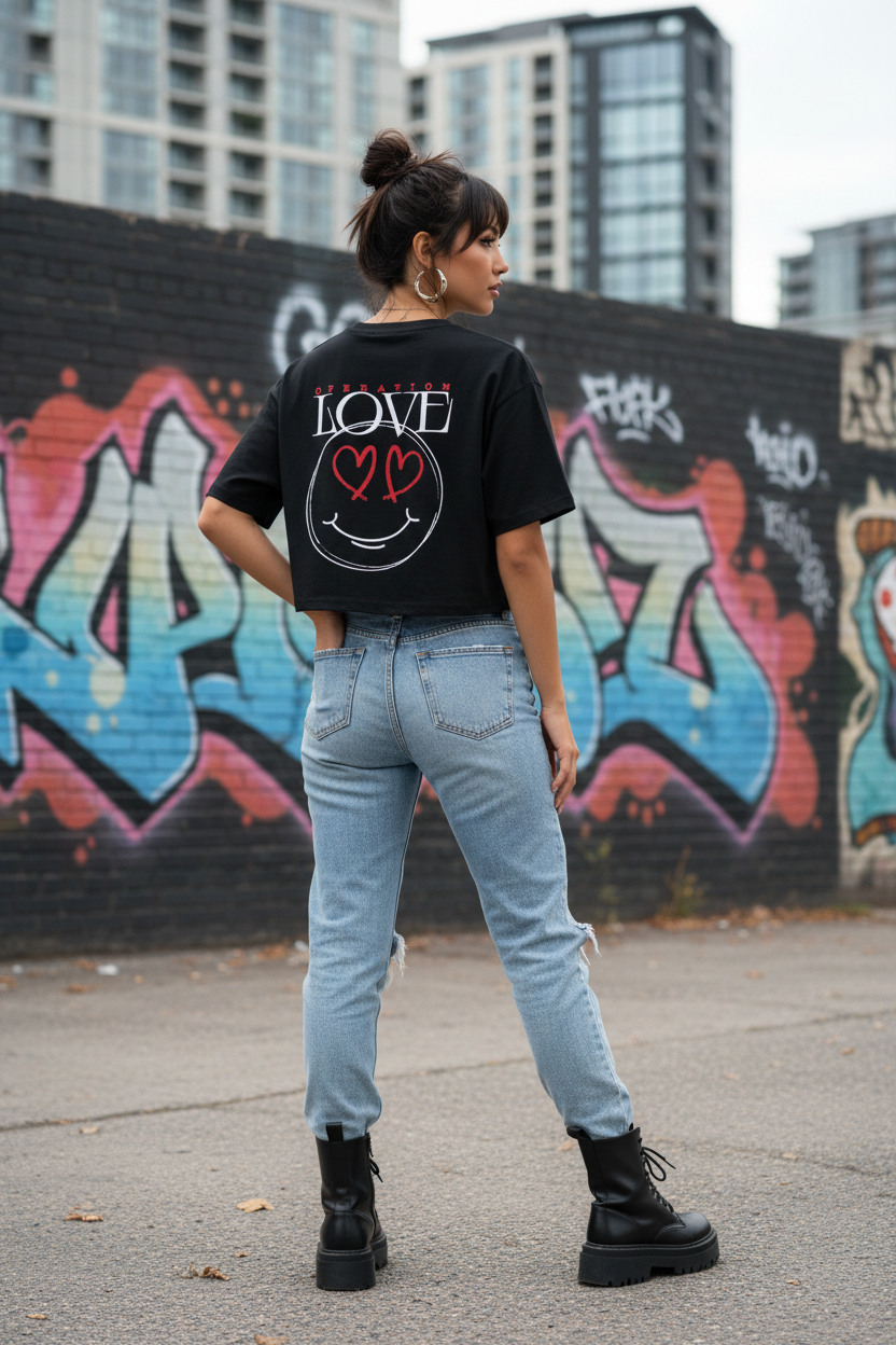 A woman poses by a graffiti wall wearing light blue jeans, black boots, and the Oversize Crop Top Operation Love Black featuring "LOVE" and two red hearts above a smiley face as a Rückenprint. Urban buildings appear in the background.