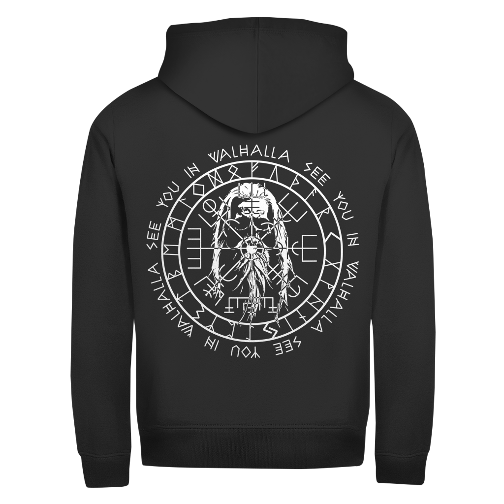 The Zipper Hoodie Valhalla Black features a white Norse warrior graphic with runes and the phrase "SEE YOU IN VALHALLA" encircling the back design.
