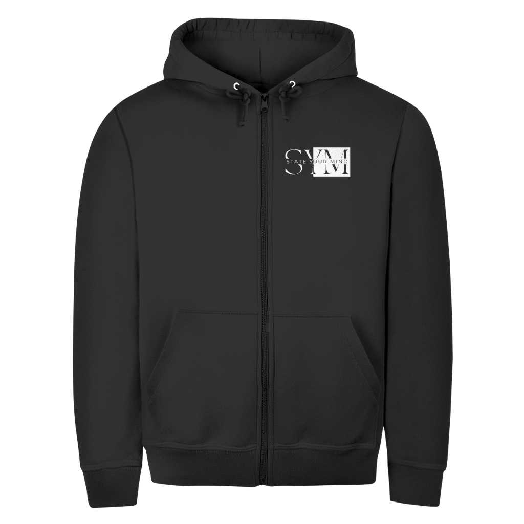 The Zipper Hoodie Valhalla Black features front pockets and a small white “SAM JOURNAL” logo on the left chest, shown against a plain white background.