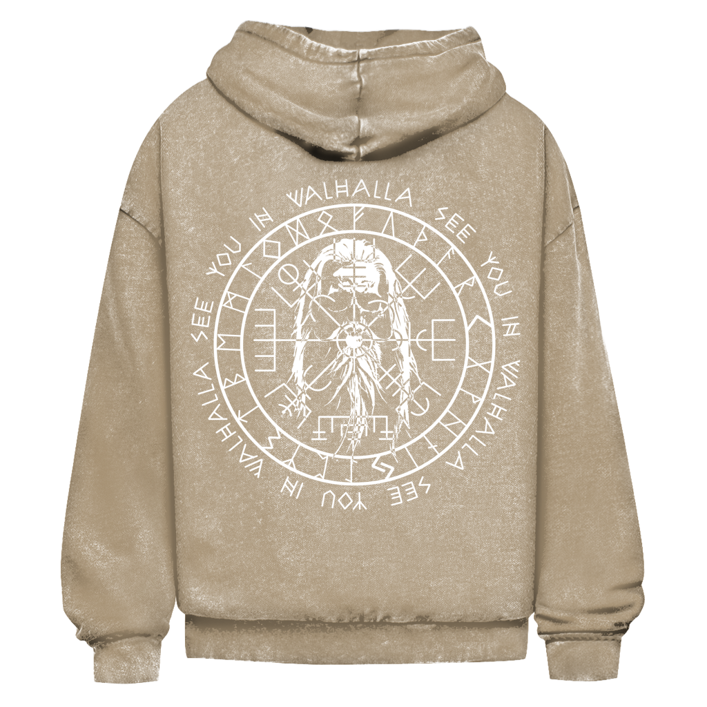 Brown washed oversize hoodie featuring a white back graphic of a Norse warrior, runes, and "SEE YOU IN WALHALLA" encircling a Wikingerkompass Vegvísir.