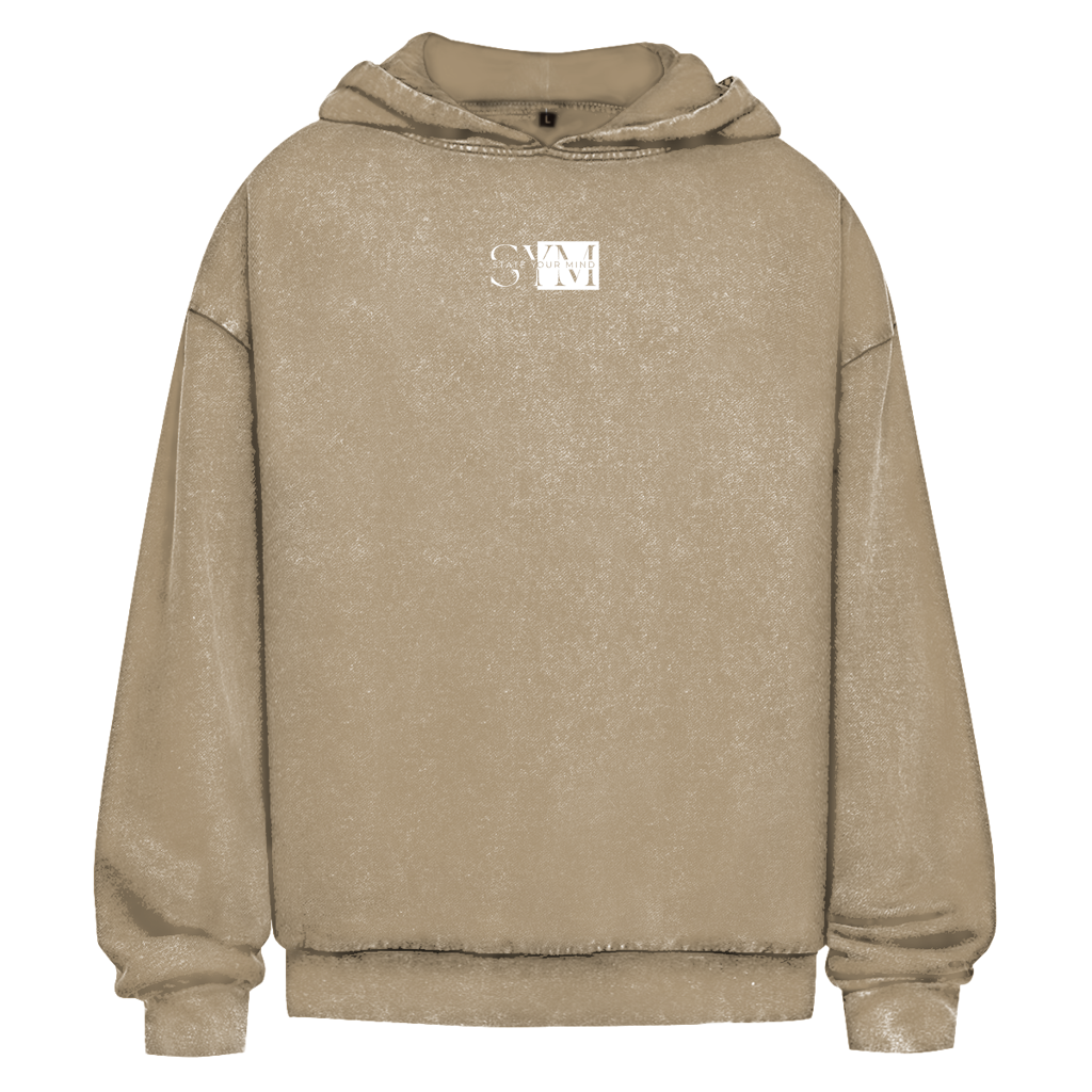Oversize Hoodie Valhalla Brown washed featuring a subtle textured finish, small white SVM logo on the upper left chest, front pocket, drawstring hood, and an acid wash effect for added style.