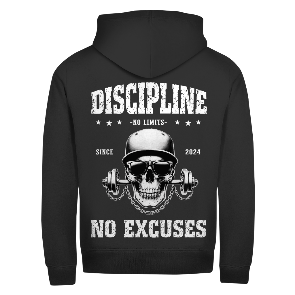The Zipper Hoodie Discipline Skull is black, featuring a skull with a cap, sunglasses, and barbell in its mouth. Surrounded by stars and bold text: DISCIPLINE, NO LIMITS, SINCE 2024, NO EXCUSES. Made for those with no excuses.