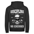 The Zipper Hoodie Discipline Skull is black, featuring a skull with a cap, sunglasses, and barbell in its mouth. Surrounded by stars and bold text: DISCIPLINE, NO LIMITS, SINCE 2024, NO EXCUSES. Made for those with no excuses.