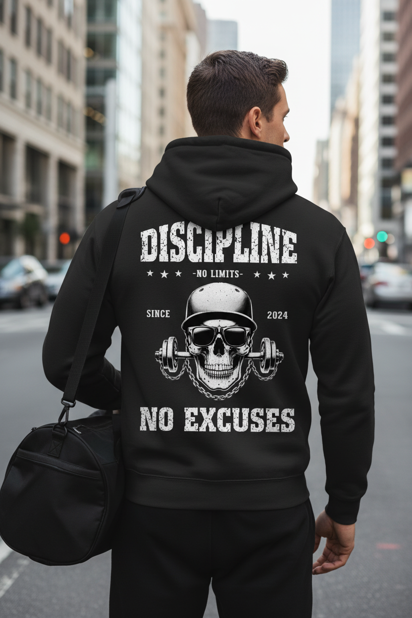 A man on a city street, facing away with a black gym bag, wears the Zipper Hoodie Discipline Skull featuring a skull, barbells, and “Discipline No Limits No Excuses Since 2024” on the back—ideal for those who embody the No Excuses lifestyle.