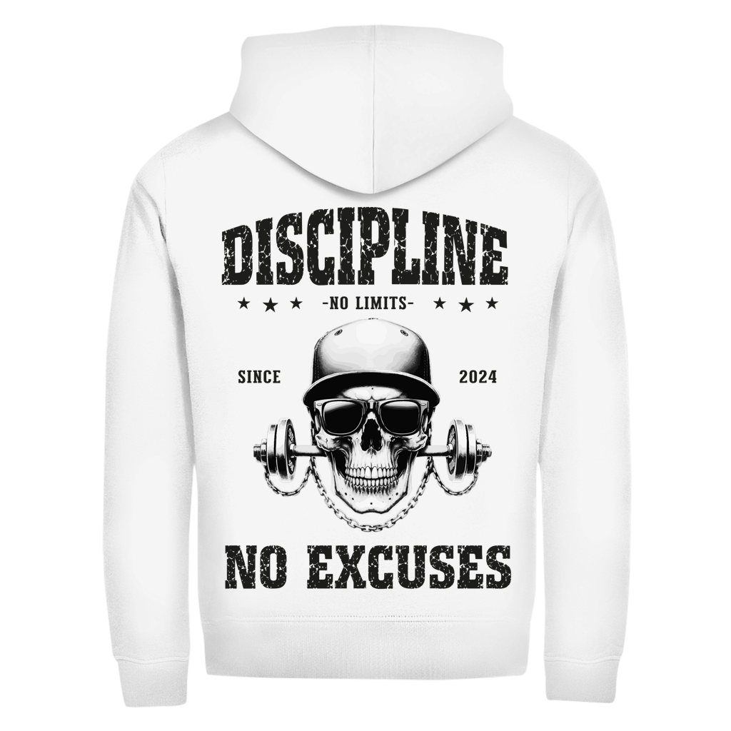 Show your drive in the Zipper Hoodie Discipline Skull. Featuring a skull with cap, sunglasses, and barbell graphic plus "DISCIPLINE - NO LIMITS -" and "NO EXCUSES" text for bold attitude. SINCE 2024.