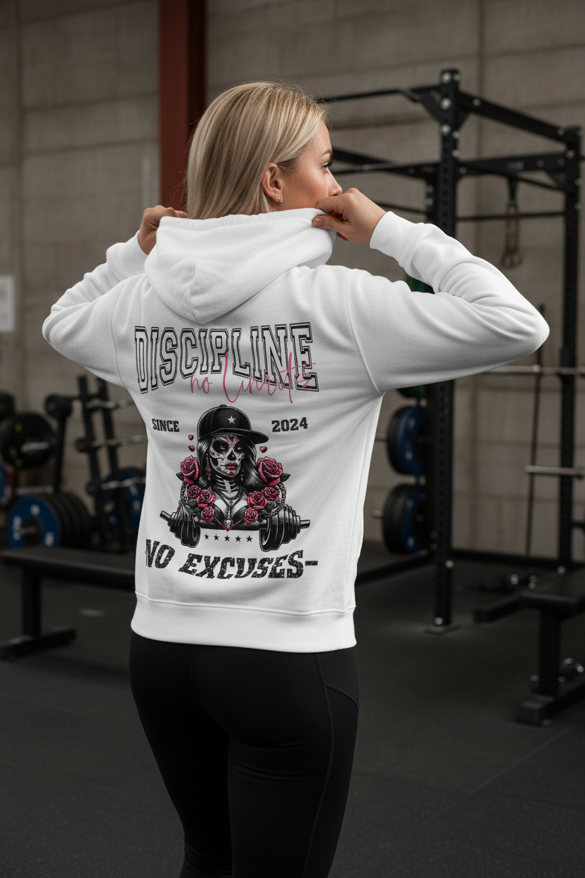 Im Fitnessstudio passt eine Frau ihren State Your Mind Zipper Hoodie Discipline La Catrina an, der einen La Catrina-Totenkopf, Rosen, Hanteln und "DISCIPLINE", "SINCE 2024" und "NO EXCUSES" auf dem Rücken inmitten von Gewichthebegeräten zeigt.