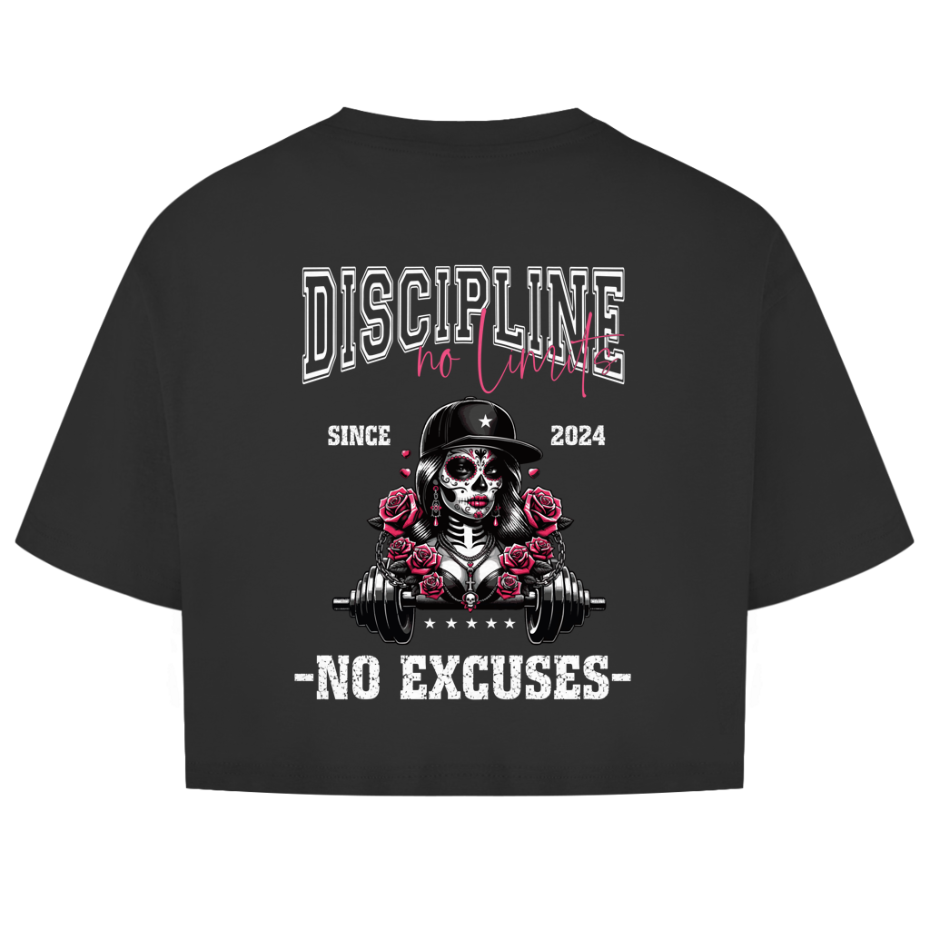 Oversize Crop Top La Catrina: Sportshirt in an oversize crop top style with a helmeted La Catrina skull, red roses, and barbell. Bold text reads: “DISCIPLINE no limits, SINCE 2024, NO EXCUSES.”.