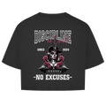 Oversize Crop Top La Catrina: Sportshirt in an oversize crop top style with a helmeted La Catrina skull, red roses, and barbell. Bold text reads: “DISCIPLINE no limits, SINCE 2024, NO EXCUSES.”.