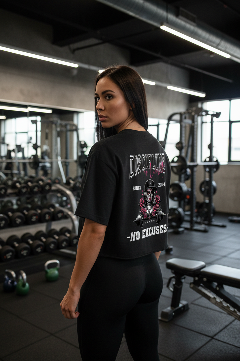 A woman in a gym faces away from the camera, wearing a black Oversize Crop Top La Catrina, surrounded by fitness equipment and weights in a modern, well-lit space.