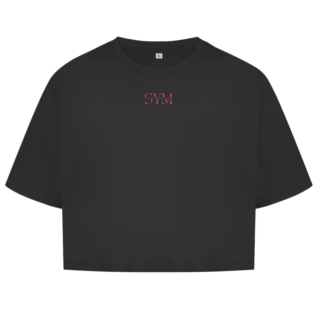The Oversize Crop Top La Catrina is a black, short-sleeved crop top with pink SVM letters centered on the chest, shown against a plain white background.