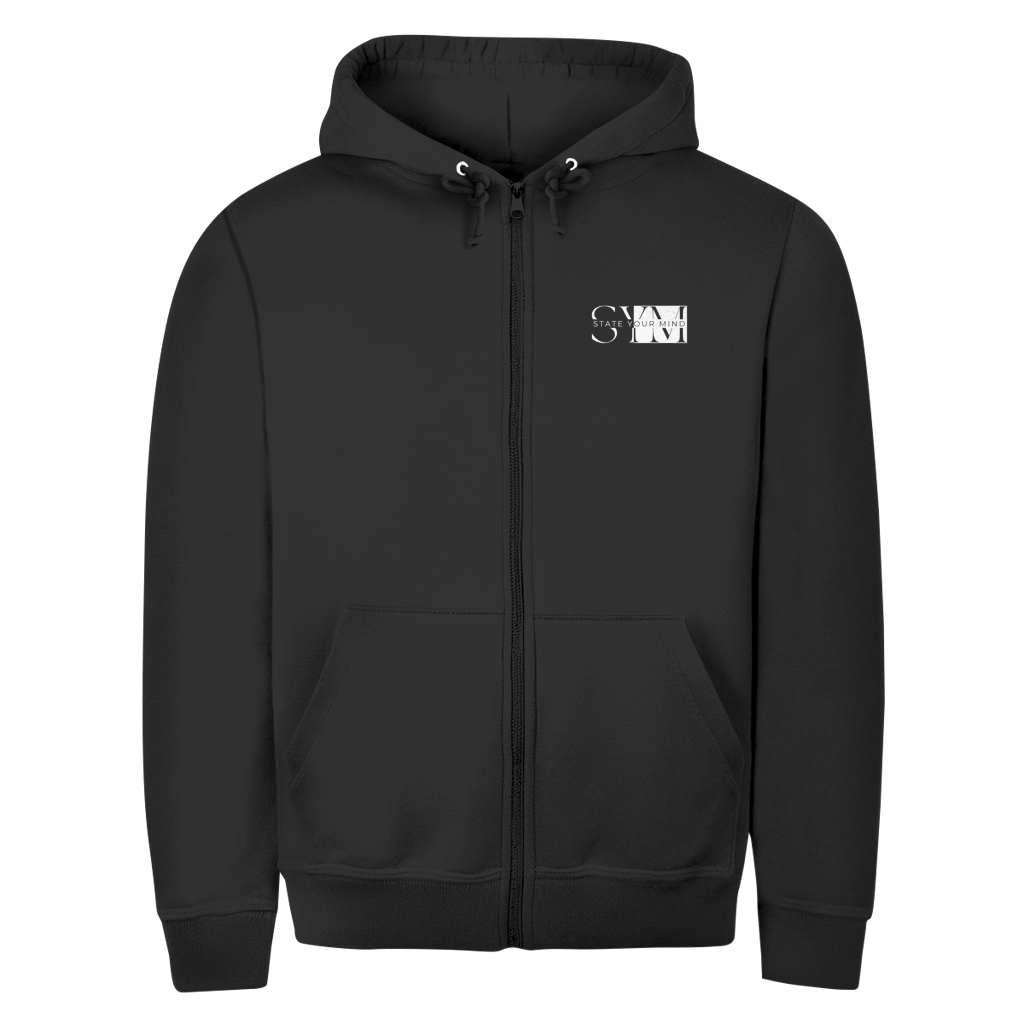 The Zipper Hoodie Discipline Skull is black with a small white "S" and "M" graphic in a modern, overlapping style on the left chest. It features a drawstring hood and front pockets for comfort and style.