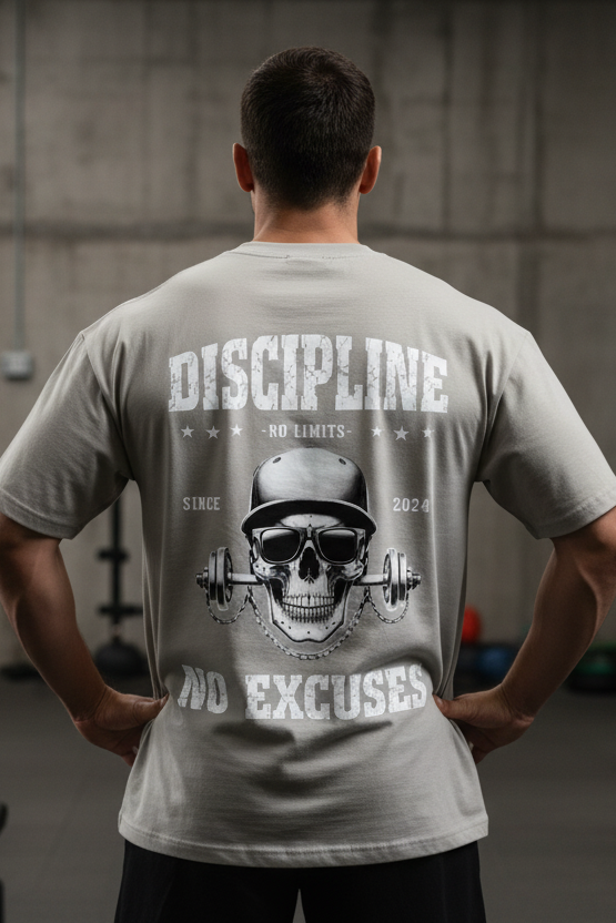 Ein Mann steht in einem Fitnessstudio und trägt das State Your Mind Oversize Shirt Discipline mit einem Discipline Skull und einer Langhantelgrafik. Der fettgedruckte weiße Text lautet "DISCIPLINE NO LIMITS NO EXCUSES" und darunter "SINCE 2024".