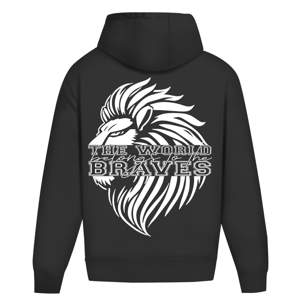 Der Oversize Hoodie Braves von State Your Mind besteht aus hochwertiger Baumwollmischung, zeigt ein großes Löwen-Motiv und den auffälligen Schriftzug "THE WORLD belongs to the BRAVES" auf dem Rücken.
