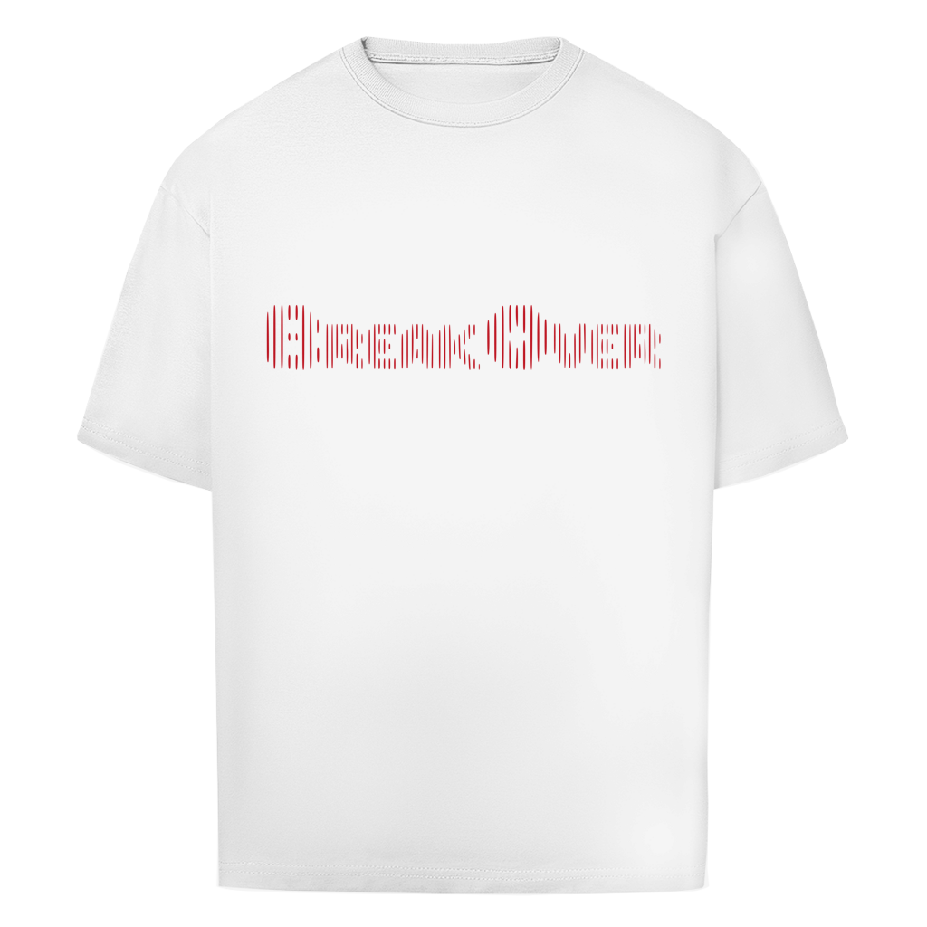 The Oversize Shirt BreakOver features a plain white design with "Break Over" printed in red, using a striped, optical illusion font across the chest—ideal as a stylish gym shirt.