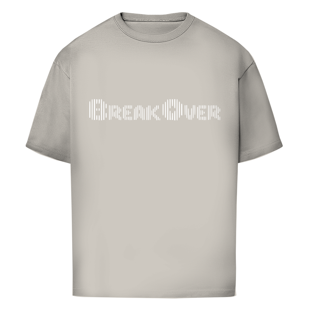 An Oversize Shirt BreakOver in light gray, featuring "Break Over" in bold white block letters with vertical line accents for a broken effect across the chest.