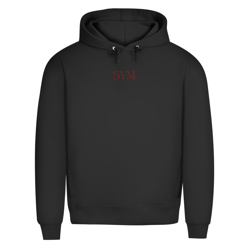 Der Hoodie La Catrina Limited Edition von State Your Mind ist ein schlichter schwarzer Premium-Kapuzenpullover mit einer Vordertasche, Kordelzügen und einem kleinen roten SYN-Text auf der Brust. Nachhaltig hergestellt für Komfort und Stil.