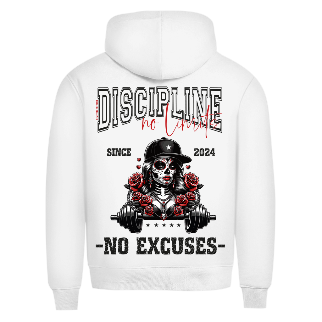 Der State Your Mind Hoodie La Catrina Limited Edition ist ein weißer Herren Bio Hoodie mit einem Totenkopfgesicht in einem Helm, roten Rosen und Gewichten. Fettgedruckter Text: DISCIPLINE no limits, SINCE 2024, NO EXCUSES. Premium nachhaltiger Hoodie für jedes Workout.