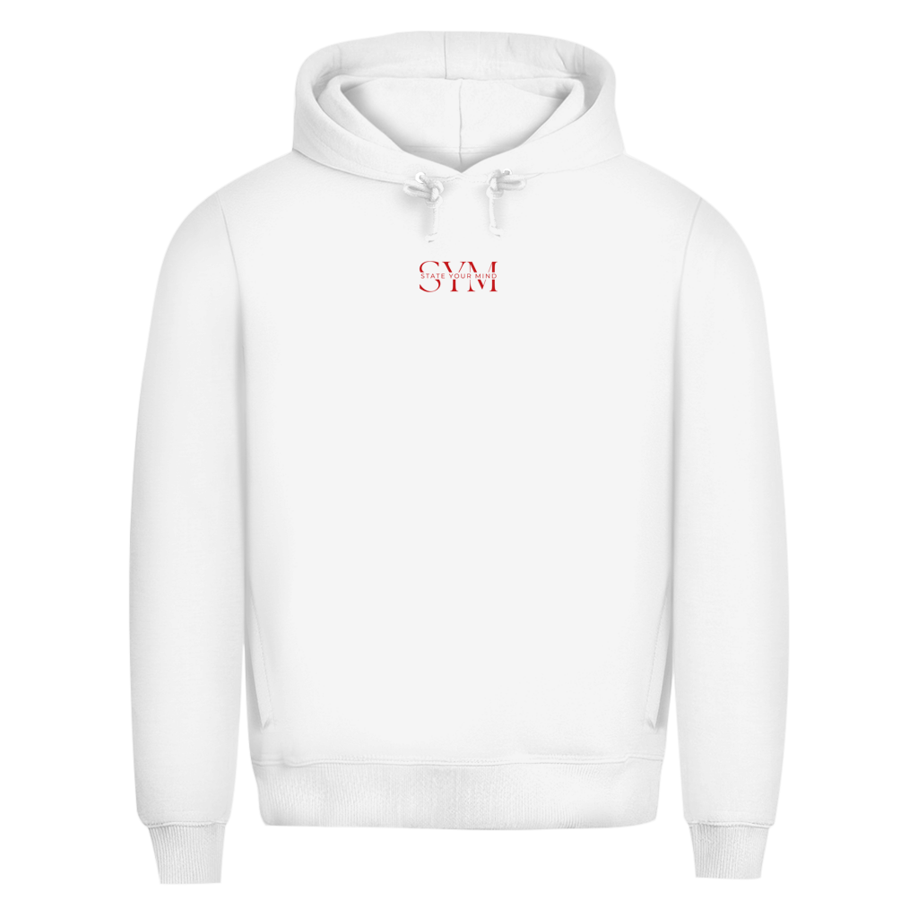 Der Hoodie La Catrina Limited Edition von State Your Mind ist ein nachhaltiger weißer Herren-Kapuzenpulli mit einer Vordertasche, Kordelzügen und einem kleinen roten SYM-Text auf der Brust - für Komfort und Stil.