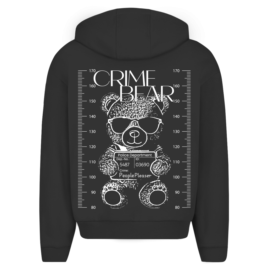 Der State Your Mind Zipper Hoodie Crime Bear zeigt eine auffällige weiße Grafik eines Teddybären mit Sonnenbrille vor einer Größentabelle, mit "CRIME BEAR"-Text und PeoplePleaser-Polizeidetails - perfekt für einen auffälligen Streetwear-Style.
