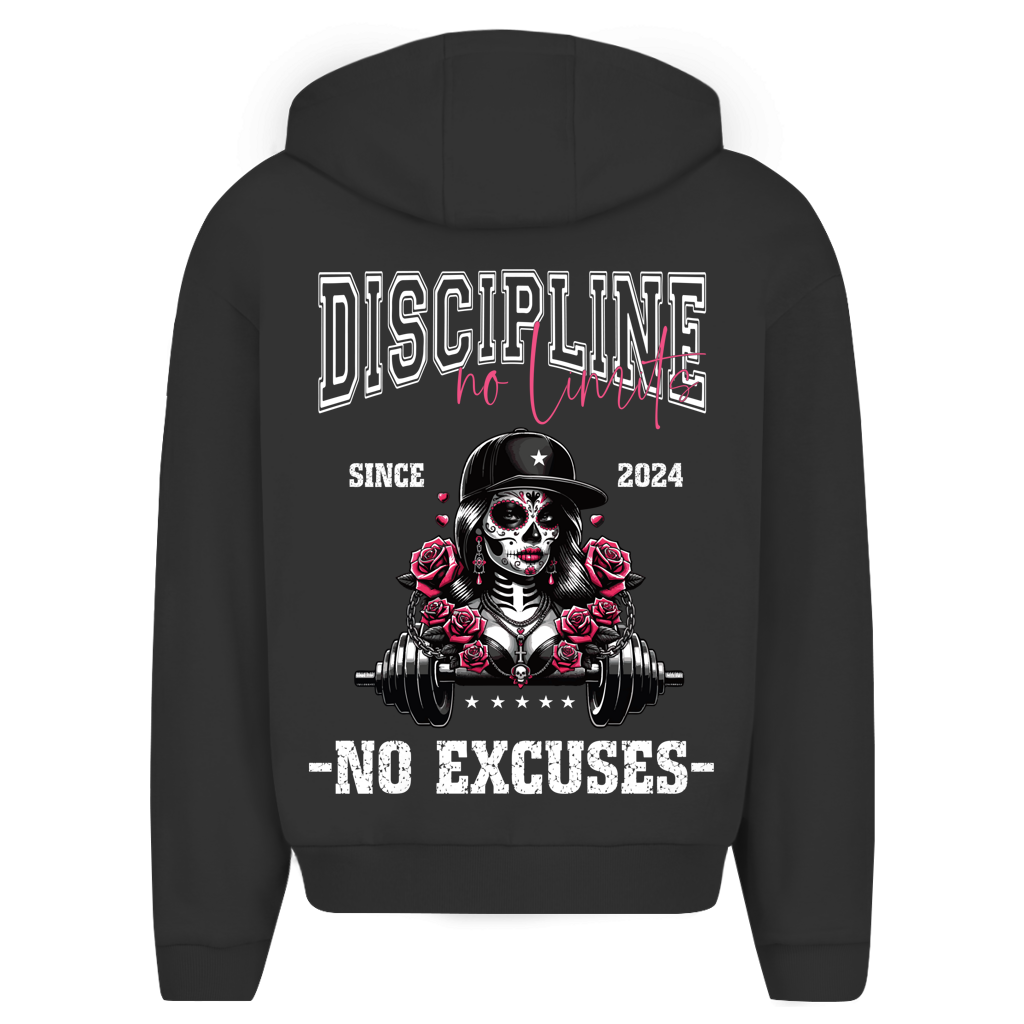 Der State Your Mind Zipper Hoodie Discipline La Catrina zeigt ein Skelett mit Mütze, das eine Hantel mit roten Rosen hält, sowie die fetten Texte DISCIPLINE no limits", SINCE 2024" und NO EXCUSES" in Weiß und Rot.