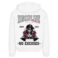 Der State Your Mind Zipper Hoodie Discipline La Catrina ist ein weißer Kapuzenpulli mit La Catrina mit Helm und Totenkopfgesicht, Rosen und Langhantel. Fettgedruckter Text: DISCIPLINE no excuses, SINCE 2024, und NO EXCUSES am unteren Rand.