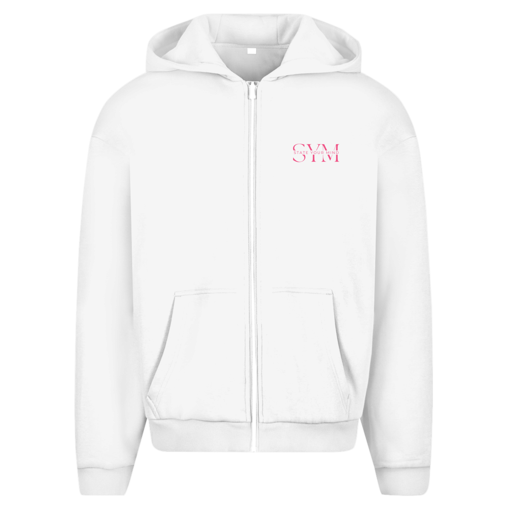 Der Zipper Hoodie Discipline La Catrina von State Your Mind ist ein weißer Kapuzenpulli mit Kapuze, Vordertaschen und dezentem rosa "SYM"-Schriftzug auf der Brust - ein lässiges Stück, das Disziplin im Alltagslook zeigt.