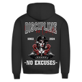 Der Hoodie La Catrina Limited Edition von State Your Mind ist ein schwarzer, nachhaltiger Hoodie mit einer Skelettfrau mit Helm, Rosen und Hantel. Mit frechem Gym-Design und "DISCIPLINE no EXCUSES, no limits, SINCE 2024". Stil trifft Motivation.