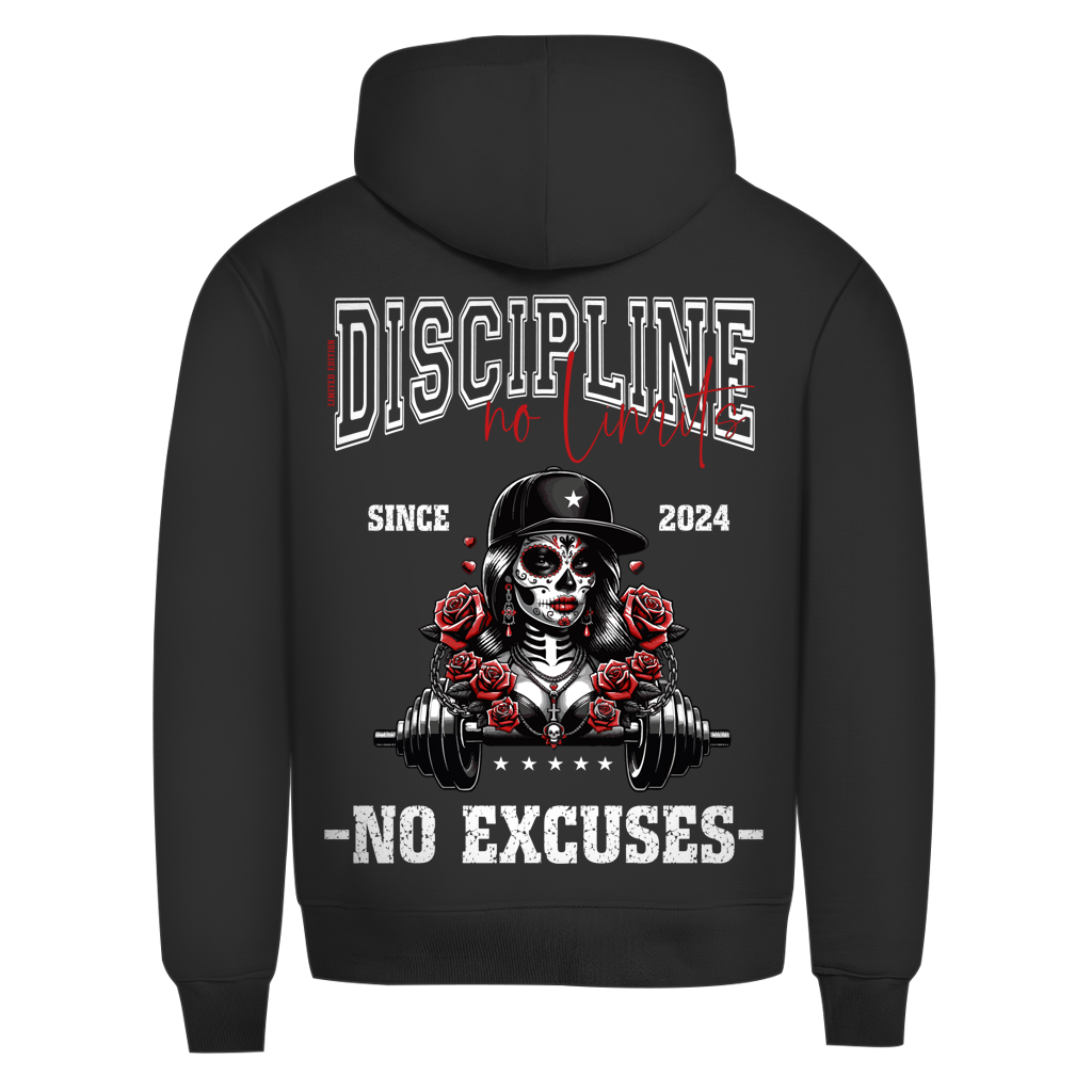 Der Hoodie La Catrina Limited Edition von State Your Mind ist ein schwarzer, nachhaltiger Hoodie mit einer Skelettfrau mit Helm, Rosen und Hantel. Mit frechem Gym-Design und "DISCIPLINE no EXCUSES, no limits, SINCE 2024". Stil trifft Motivation.