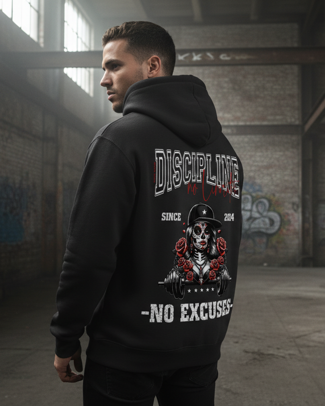 Ein Mann trägt den State Your Mind Hoodie La Catrina Limited Edition in Schwarz, auf dem ein Skelett mit Helm abgebildet ist, das eine Langhantel mit Rosen und dem fetten Text "DISCIPLINE NO EXCUSES - SINCE 2014" auf dem Rücken hebt, und steht in einer Industriehalle.