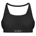 Der State Your Mind Sport BH Operation Love ist ein schwarzer Sport-BH mit schmeichelhaftem Neckholder-Design, Racerback-Trägern und dem Schriftzug LOVE" in fetten weißen und roten Buchstaben auf dem Vorderband.