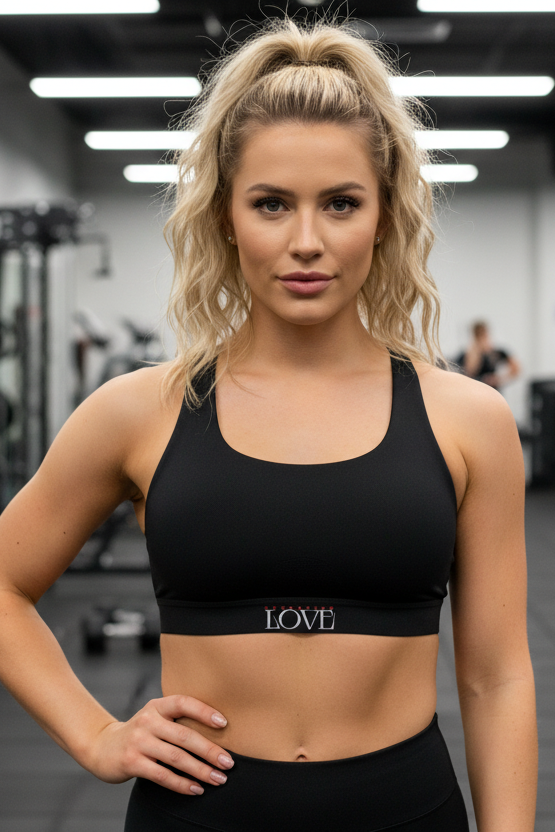 Eine Frau mit gewelltem blondem Haar in einem Pferdeschwanz trägt den "Sport BH Operation Love" von State Your Mind, mit "LOVE" auf dem Band, und steht selbstbewusst in einem Fitnessstudio mit Trainingsgeräten im Hintergrund.